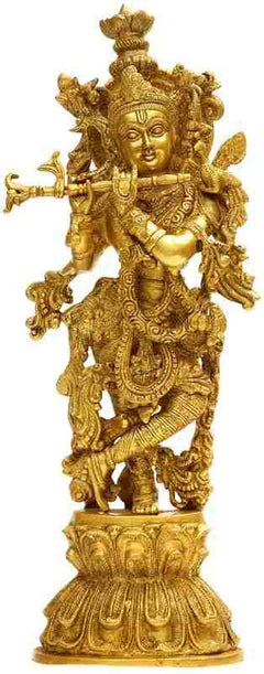 Gold brass Murlidhar Krishna statue standing with outstretched arms and ornate base