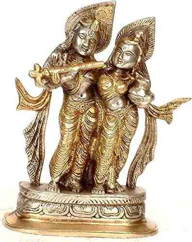 6-inch brass Radha Krishna statue with child figure, ornate standing pose