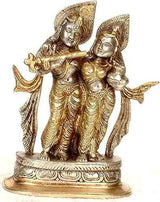 6-inch brass Radha Krishna statue with child figure, ornate standing pose