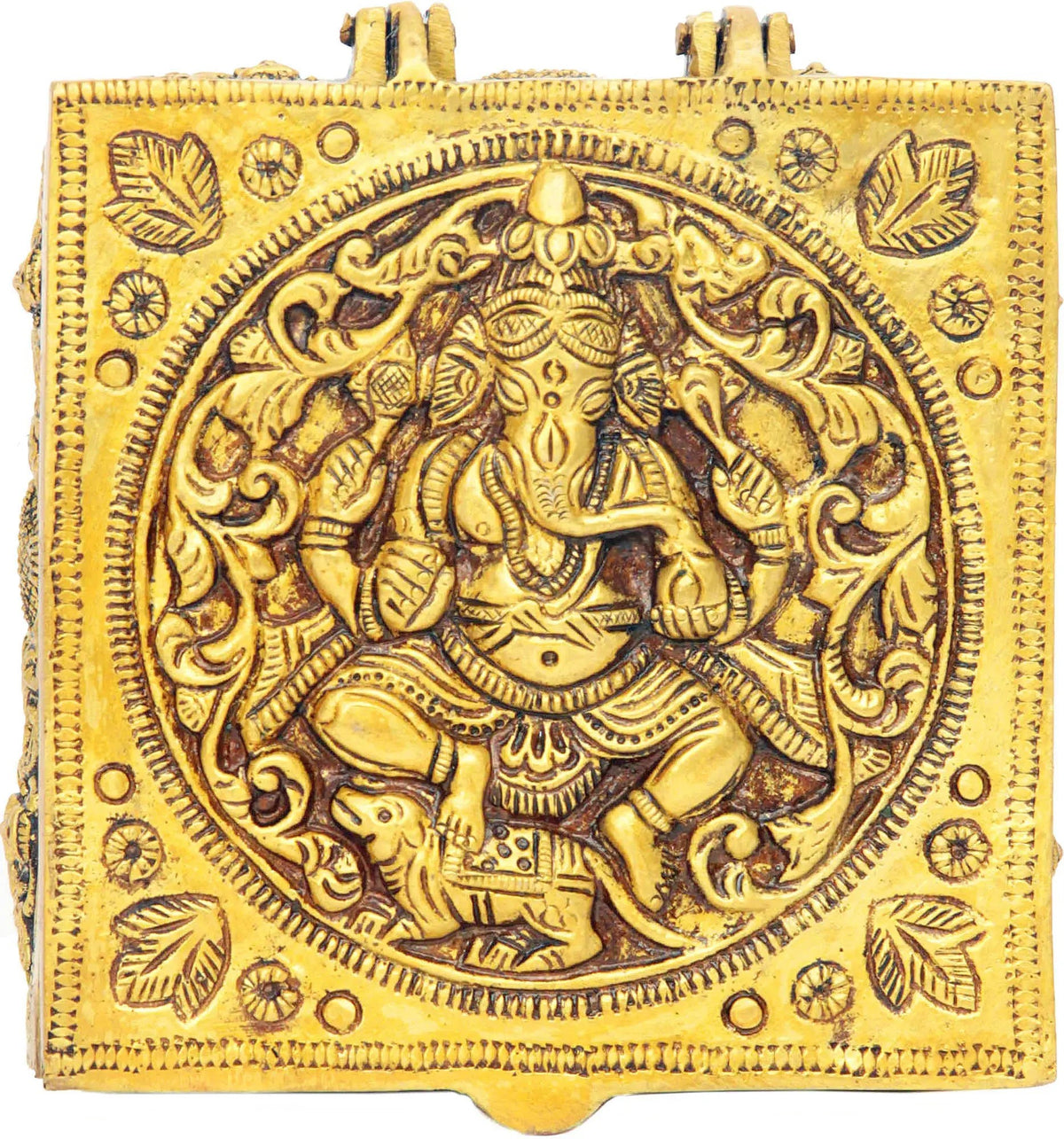 Natural brass Ganesha box, detailed front relief panel with seated elephant deity