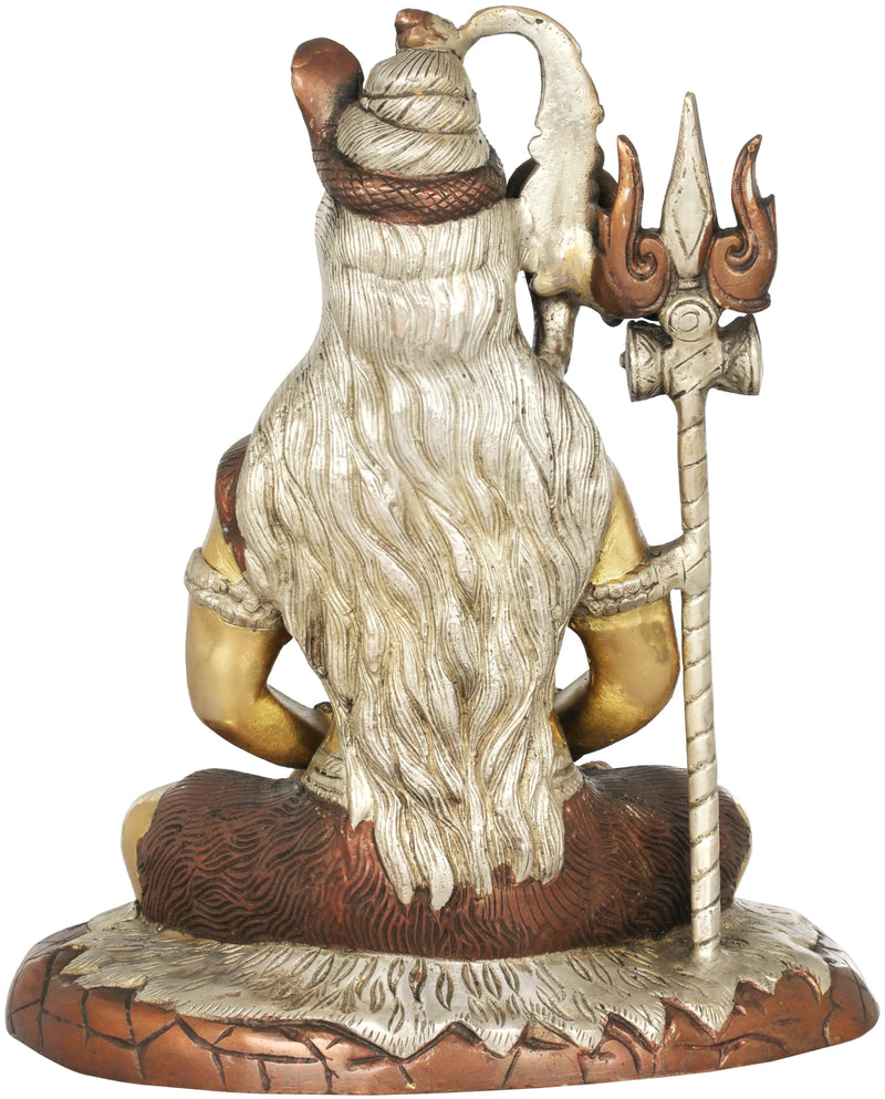 Mahayogi Shiva Brown silver gold Brass Idol Seated on Tigerskin | Handmade Statue 10 Inches