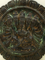 Five-headed Ganesha relief on antique black brass wall plate, 11 in