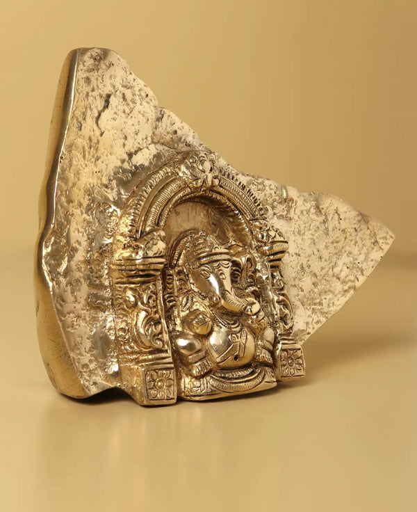 Natural Brass Temple of Lord Ganesha Carved from Rock 4 inches Study Setting