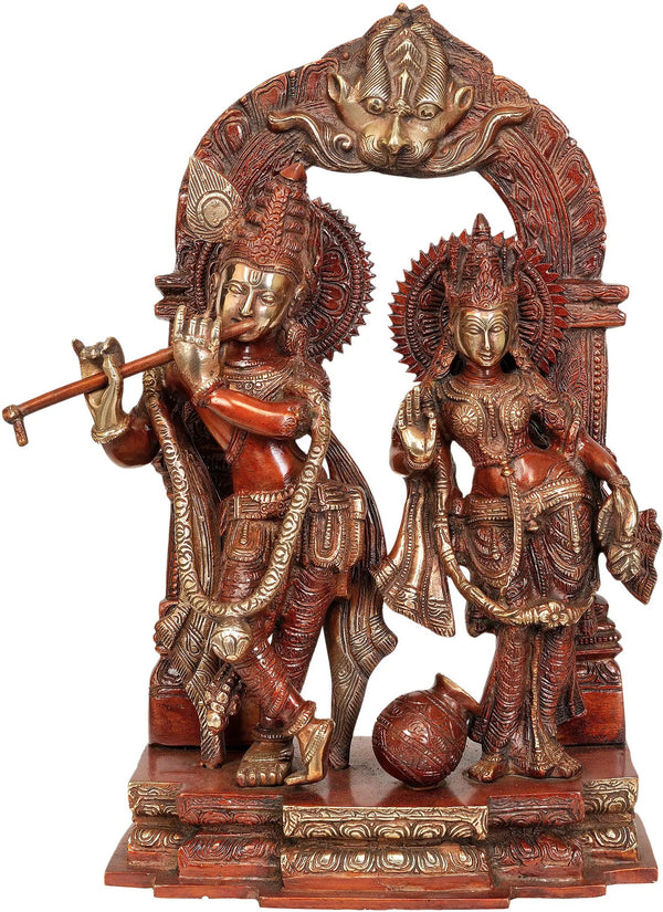 Red Silver Brass Sculpture of Radha Krishna with Milk Pot 14 Inches