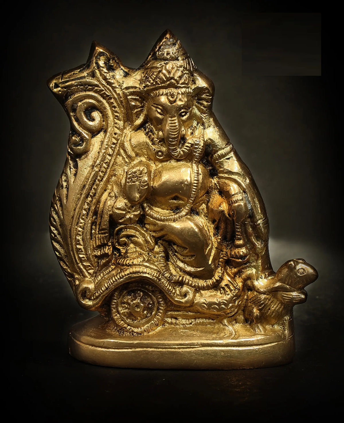 Brass Lord Ganesha idol on rat-pulled chariot, 4-inch figurine