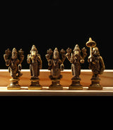 Set of brass Dashavatara Vishnu idols, five figures in row with crowns