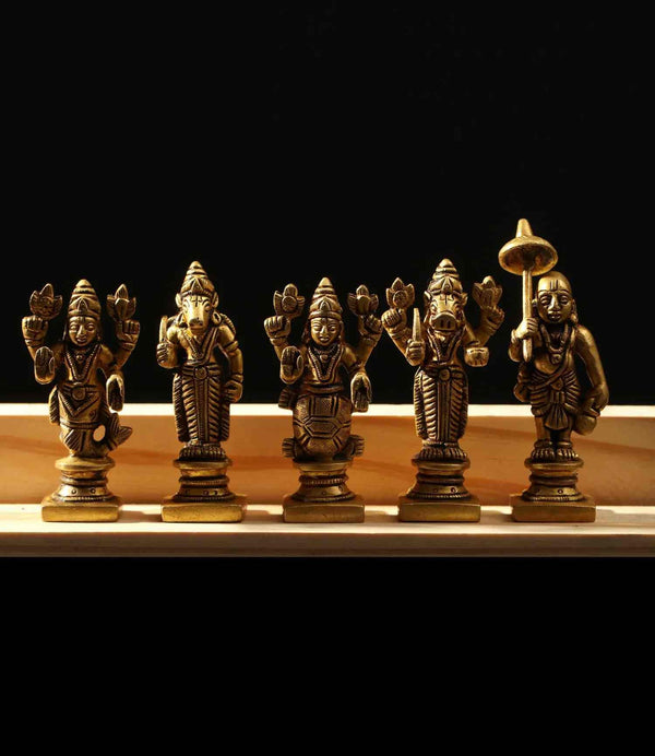 Set of Ten Small Brass Dashavatara Idols of Lord Vishnu 3 inches Study Setting