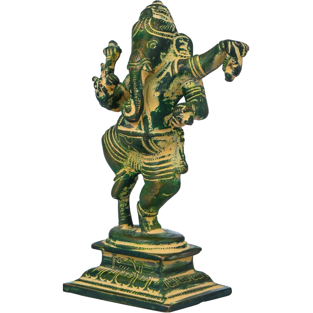Small brass Dancing Ganesha figurine with pedestal and green-gold finish