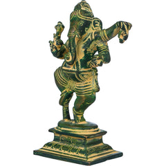 Small brass Dancing Ganesha figurine with pedestal and green-gold finish