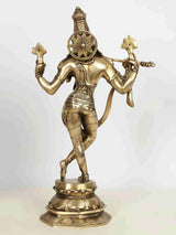 Handmade natural brass Krishna statue, side view with wheel on back, raised arms, 18 in
