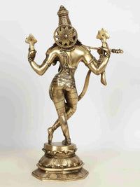 Handmade natural brass Krishna statue, side view with wheel on back, raised arms, 18 in