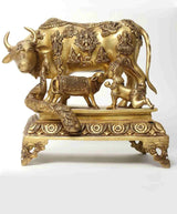 Brass Kamadhenu cow with calf and Krishna figurine, ornate 35 cm statue