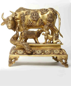 Brass Kamadhenu cow with calf and Krishna figurine, ornate 35 cm statue