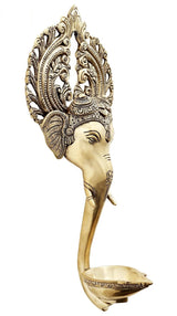 Brass Ganesha wall hanging lamp side view with detailed headdress and bowl holder