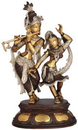 Radha & Krishna brass dance statue with flutelike instrument, 16-inch