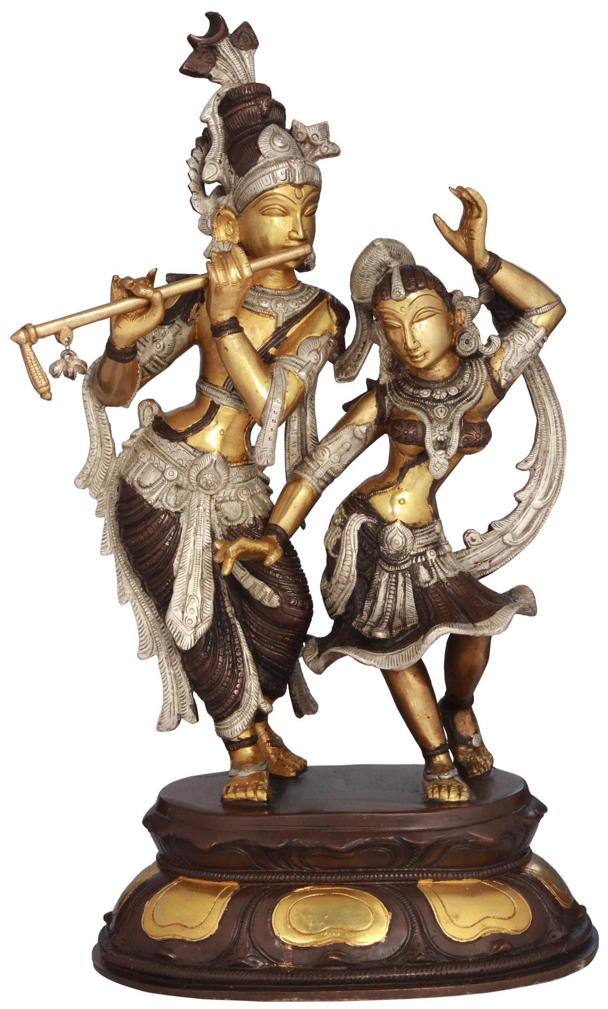 Radha & Krishna brass dance statue with flutelike instrument, 16-inch