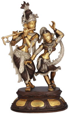 Radha & Krishna brass dance statue with flutelike instrument, 16-inch