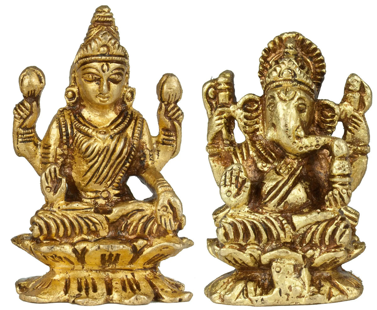 Small Lakshmi and Ganesha gold-tone seated figurines, 2 inches.