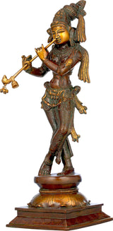 Standing brass Lord Krishna flute statue with detailed crown and ornaments, 14-inch