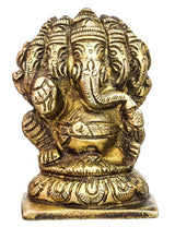 Small brass Ganesha statue with five faces, seated, ornate gold finish