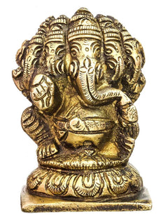 Small brass Ganesha statue with five faces, seated, ornate gold finish