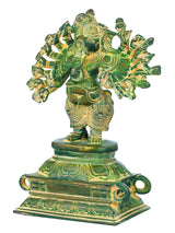 Green Vira Ganesha statue with fan of arms, 8 in, detailed gold filigree