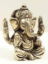 Brass Ganesha mini statue, detailed hands and ornaments, ~2 in