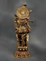 Brass Krishna statue, reverse view with ornate back disc, 18 in