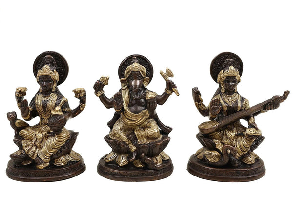 Brass Small Set of 3- Lakshmi Ganesha Saraswati 5 inches