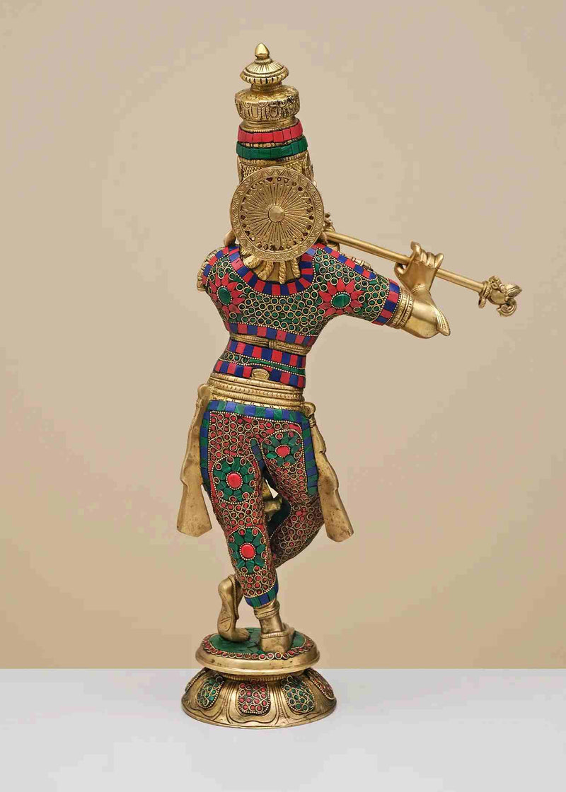 Brass Statue of Fluting Krishna with Intricate Inlay Work 23 inches