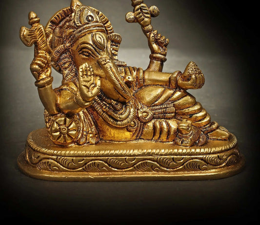 Brass Statue of Ganesha in a Relaxed Blessing Pose 3 inches