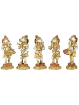 Brass set of 5 musical Ganesha figurines, 8 in tall, angled side views