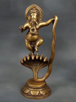 Dancing Lord Ganesha Brass Statue on Sheshnaag 11 INCHES