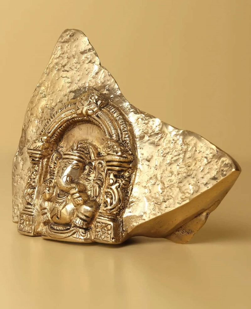 Natural Brass Temple of Lord Ganesha Carved from Rock 4 inches