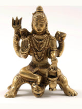 Small brass Lord Shiva statue with blessing gesture, seated with raised hands, 4 in.