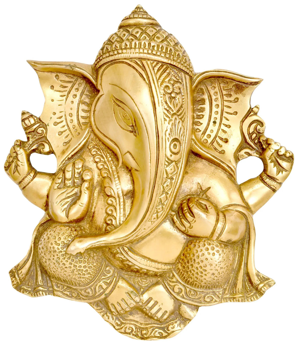 Brass Ganesha wall hanging flat statue, ornate detailing, 8 in