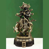 Black brass Venugopala statue, Krishna playing flute with cow, 12 inch