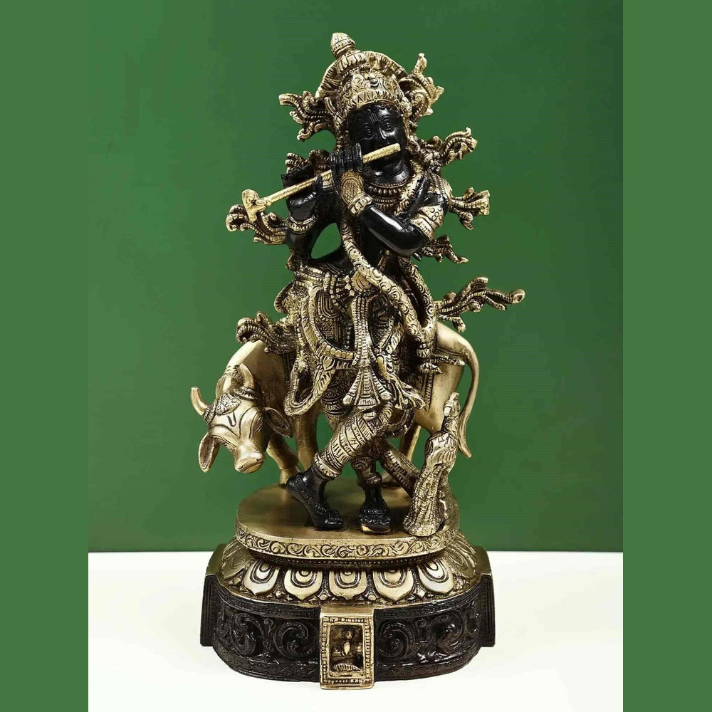 Black brass Venugopala statue, Krishna playing flute with cow, 12 inch