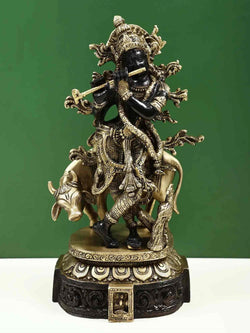 Black with natural Brass Statue of Venugopala | Krishna Playing Flute with His Cow 12 inches