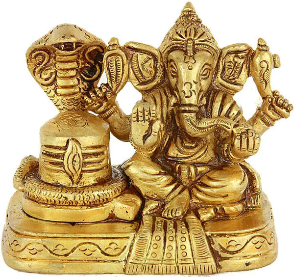 Small Brass Sculpture of Lord Ganesha with Shiva Linga 3 inches