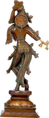 Brass Lord Krishna playing flute statue, rear view with decorated back panel, 14-inch