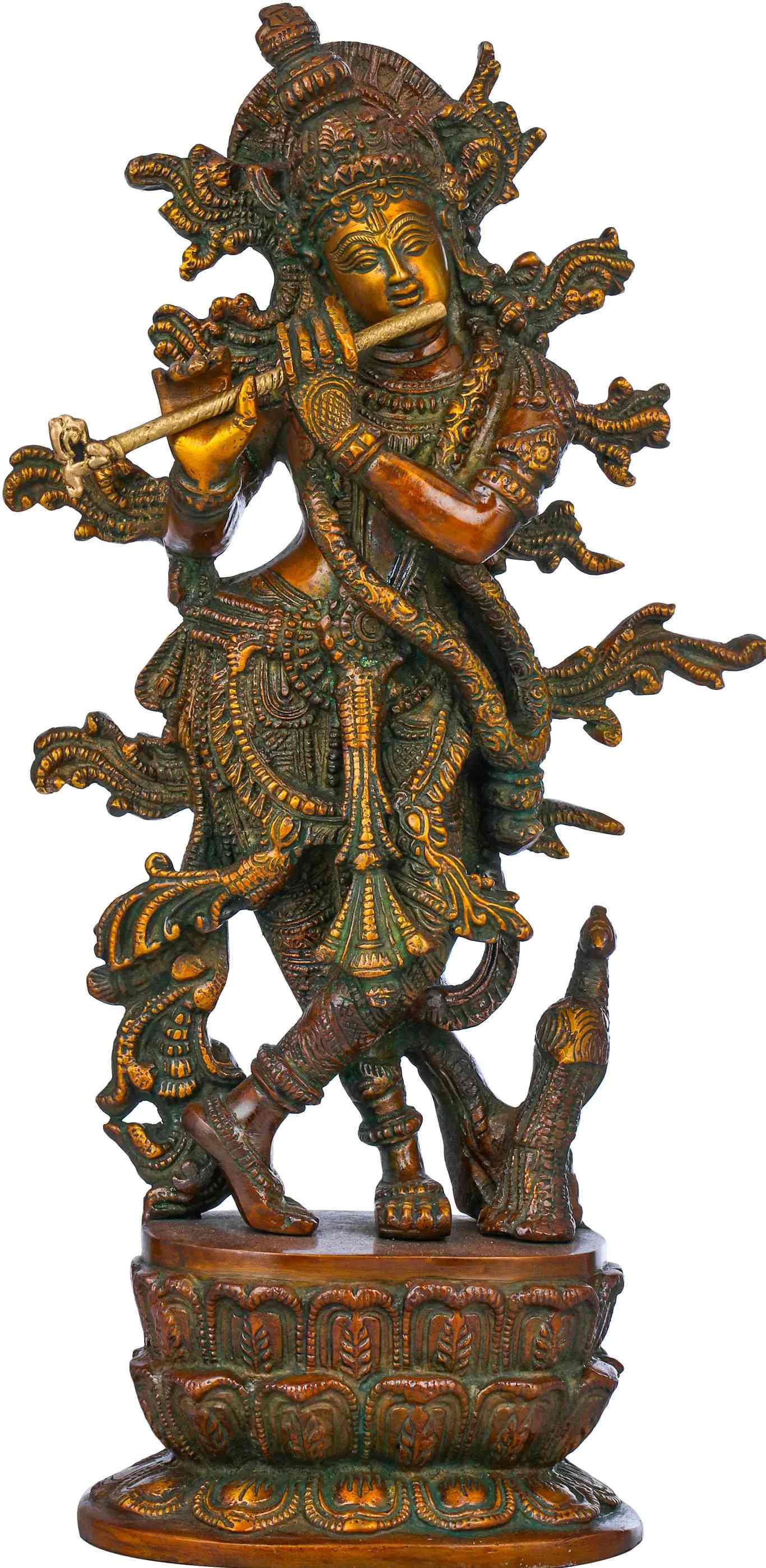 Handmade Double Chala Brass Sculpture of Lord Krishna Idol Playing Flute 12 inches