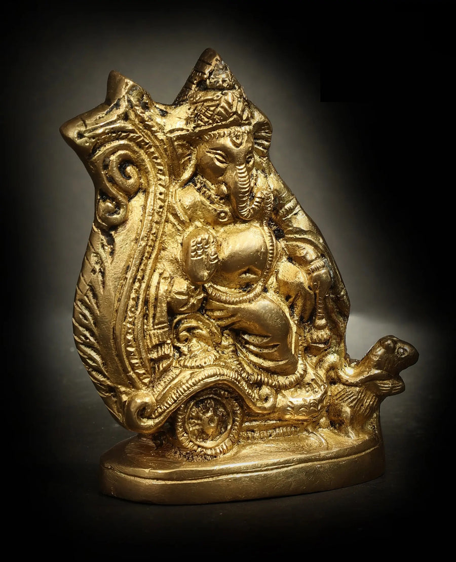 Brass Idol of Lord Ganesha on a Rat-Pulled Chariot 4 inches Craft Detail