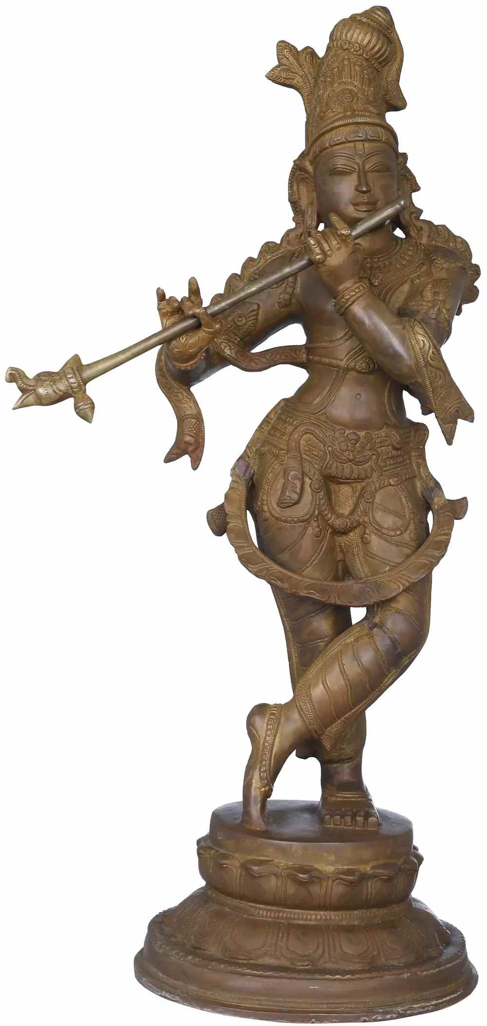 Antique brass Krishna statue with flute, ornate detailing, standing on round base