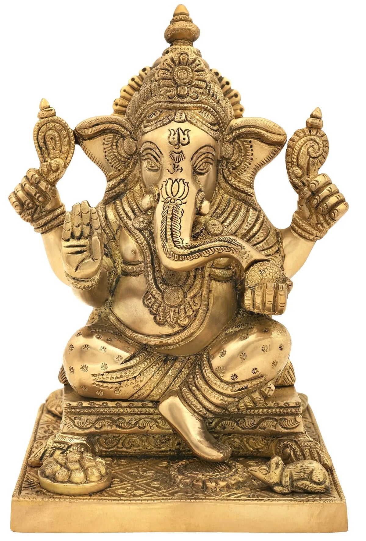 Brass Ganesha statue seated cross-legged on ornate square pedestal, four arms raised