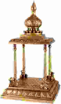Handmade natural brass Vedika 13-inch makeshift altar, carved panels and finial