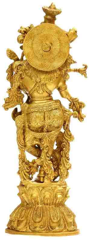 Gold brass Murlidhar Krishna statue with ornate crown and spiral back details