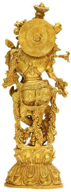 Gold brass Murlidhar Krishna statue with ornate crown and spiral back details