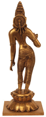 Brass Uma Parvati idol, side view with decorative arms and raised gesture, 11 in