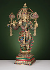 Standing brass Krishna playing flute sculpture with red-blue jeweled ornaments, 24 in